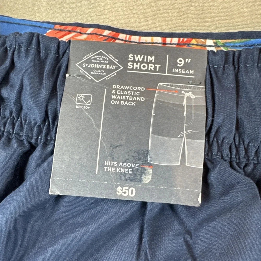 St Johns Bay Hawaiian Swim Trunks Mens 2XL Blue Floral Shorts Lined Beach 9